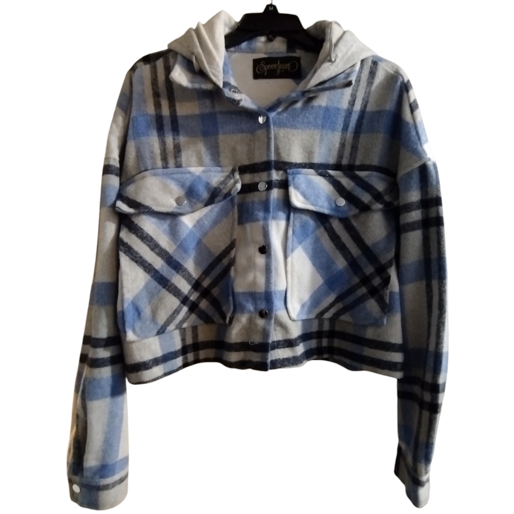 💚 EUC Spoon Jeans Blue & White Plaid Cropped Hooded Jacket Soft trendy XL